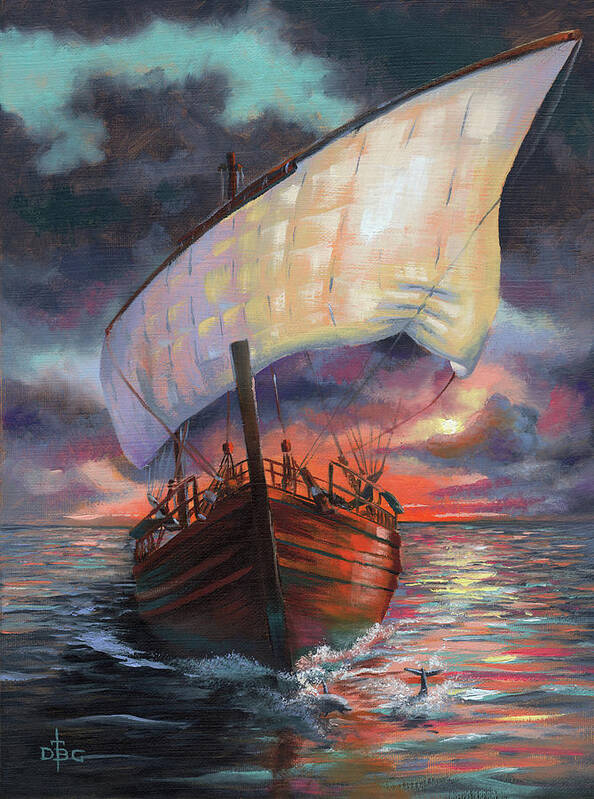 Ship Poster featuring the painting Running with the Dolphins at Sunset by David Bader