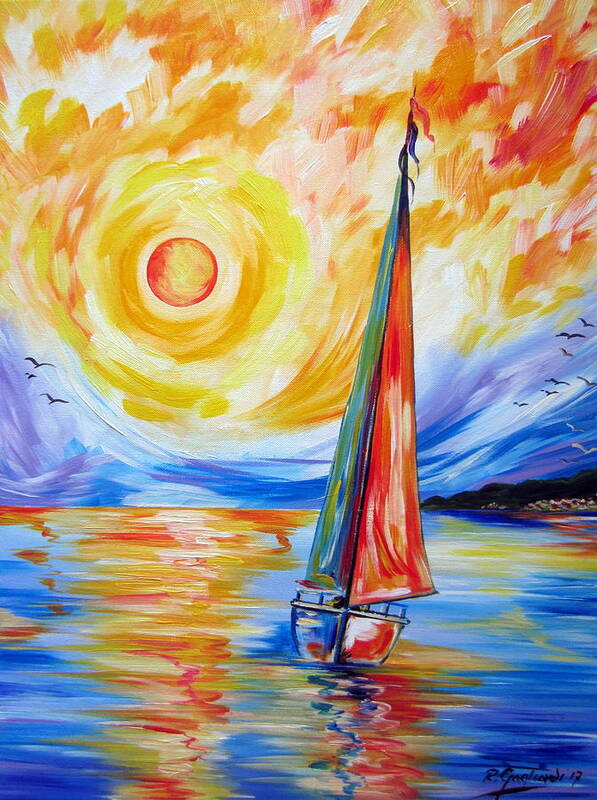 Sails Poster featuring the painting Sailing In The Hot Summer Sunset by Roberto Gagliardi