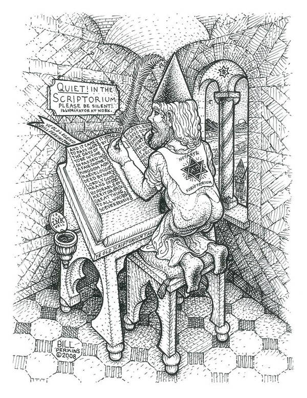 Scriptorium Cell Poster featuring the drawing Scribe by Bill Perkins