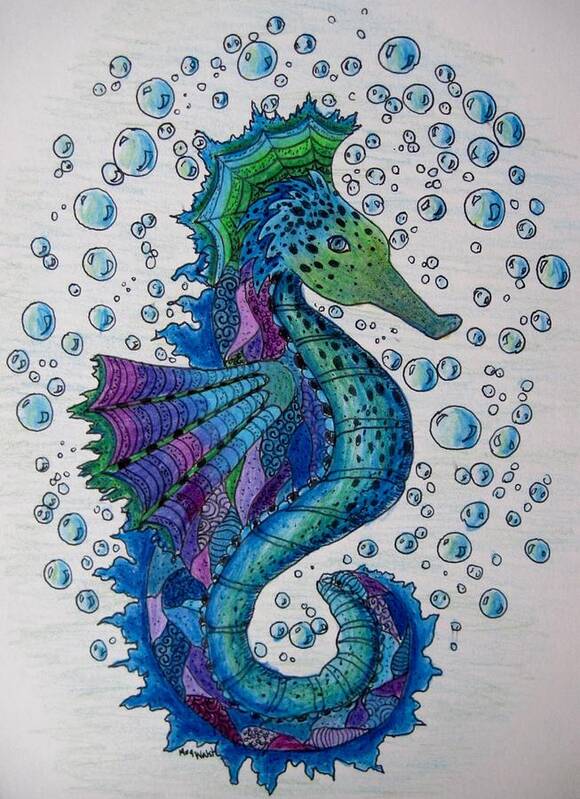 Sea Horses Poster featuring the drawing Seahorse 6 by Megan Walsh