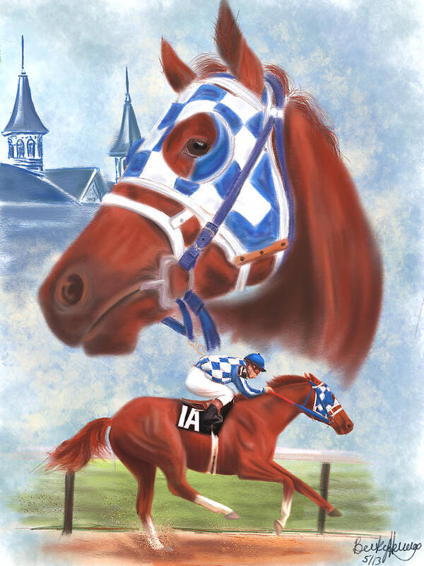 Secretariat Poster featuring the drawing Secretariat Racehorse Portrait by Becky Herrera