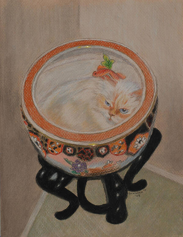 Cat Poster featuring the drawing Shakespeare in a Chinese Fishbowl by Quwatha Valentine