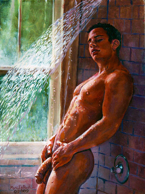 Male Nude Poster featuring the painting Shower Seduction by Marc DeBauch