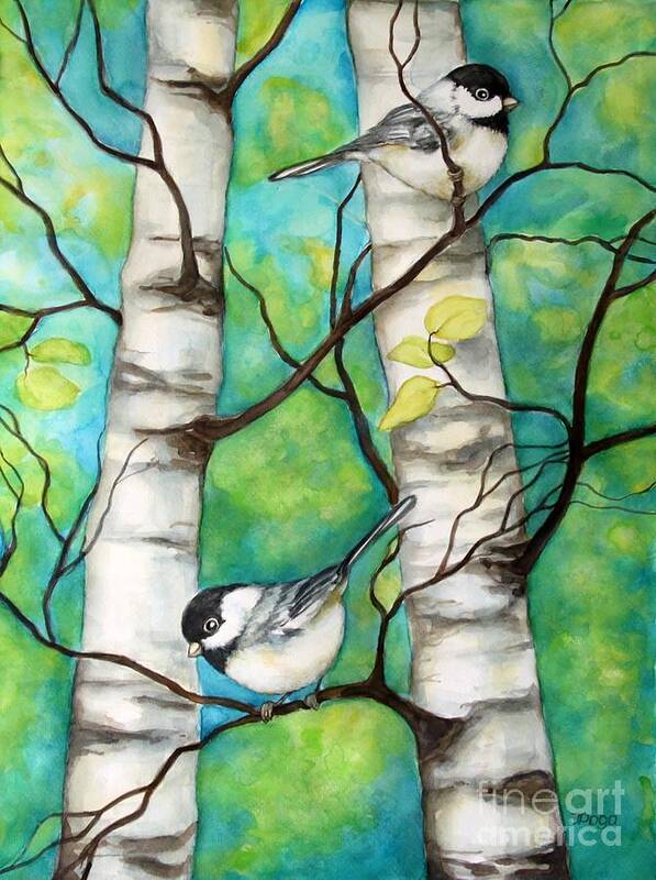 Chickadee Poster featuring the painting Spring Chickadees by Inese Poga