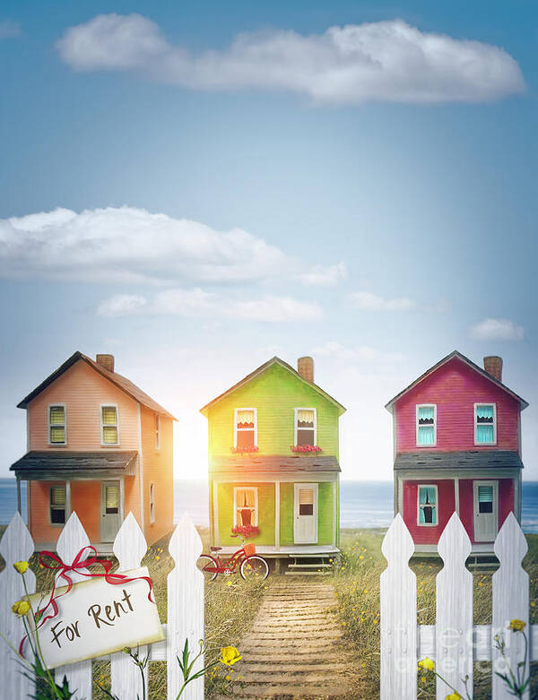 Atmosphere Poster featuring the photograph Summer beach huts by the seashore by Sandra Cunningham