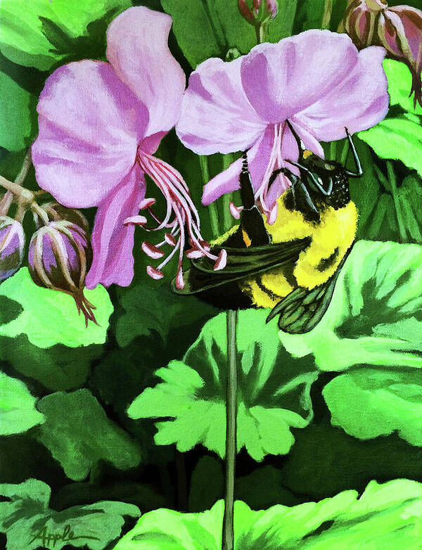  Painting Poster featuring the painting Summer Garden BUMBLEBEE and Flowers nature painting by Linda Apple