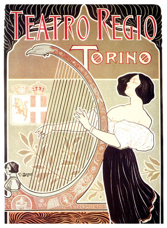 Teatro Regio Poster featuring the mixed media Teatro Regio - Torino, Italy - Girl playing a harp - Vintage Art Nouveau Advertising Poster by Studio Grafiikka