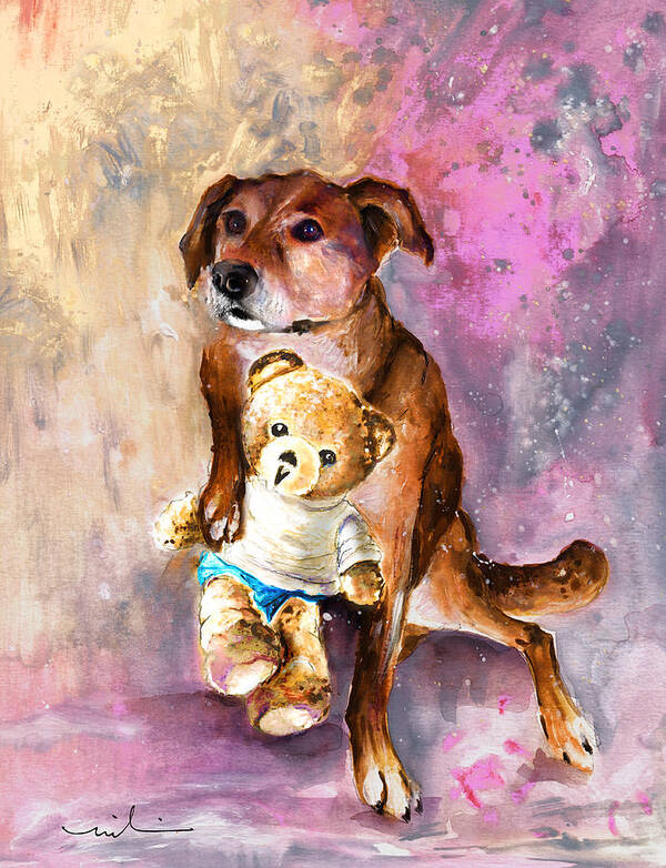 Truffle Mcfurry Poster featuring the painting Teddy Bear Caramel And Dog Douchka by Miki De Goodaboom