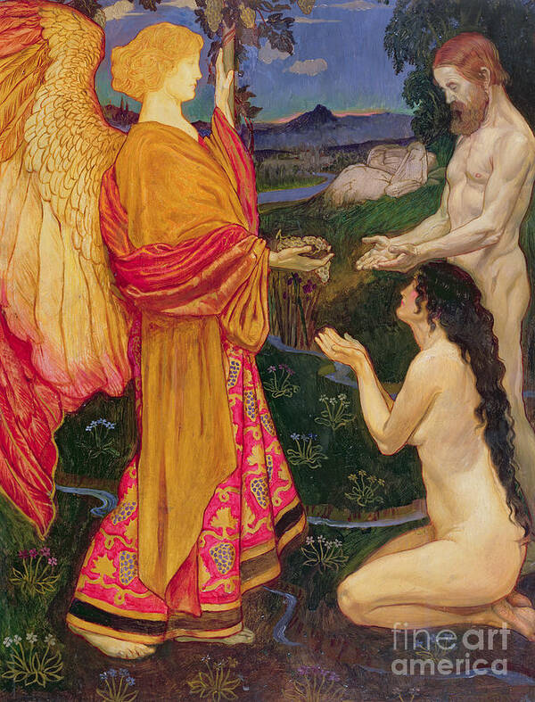 Old Testament; Genesis; Expulsion; Garden Of Eden; Renaissance; Nude; Angel; Punishment Poster featuring the painting The Angel offering the fruits of the Garden of Eden to Adam and Eve by JBL Shaw