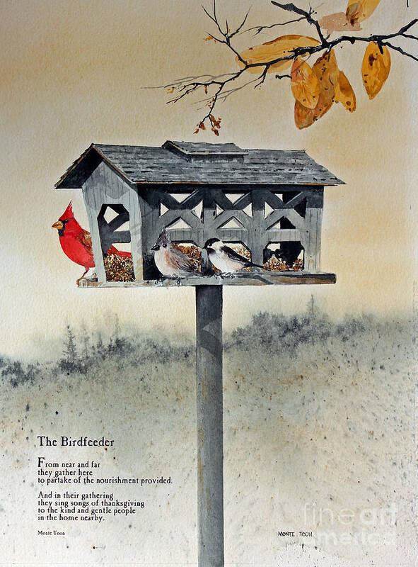 A Red Cardinal Poster featuring the painting The Birdfeeder by Monte Toon