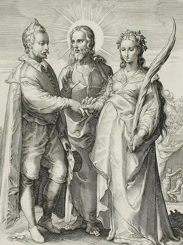 Print; Man; Woman; Male; Female; Wedding; Religion; Religious;christianity; Jesus Christ; Pure; Chaste; Love; Halo; Purity; Northern Renaissance; Mannerist; Ideal; Blessing Poster featuring the drawing The Christian Marriage by Jan Saenredam