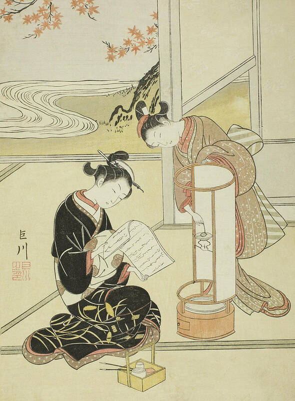 Geisha Poster featuring the painting The Evening Glow of a Lamp by Suzuki Harunobu