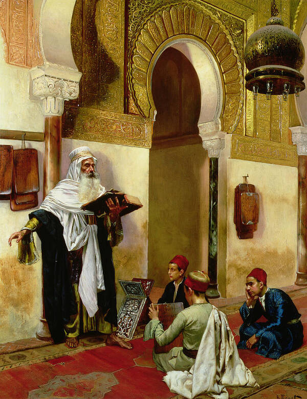 Children; Child; Teacher; Learning; Education; Orientalist; Imam; Moslem; Koran; Quran; Muslim; Religious; Religion; Middle Eastern; Arab Poster featuring the painting The Lesson by Rudolphe Ernst