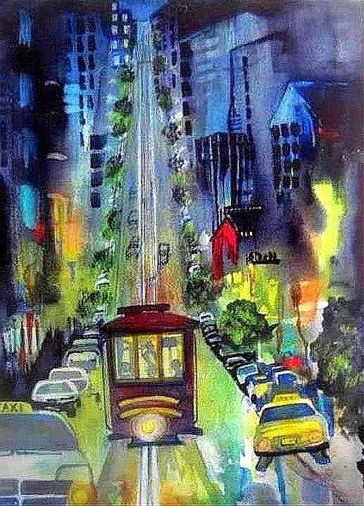 San Francisco Trolley Car City Streets Poster featuring the painting The Night Life by Esther Woods