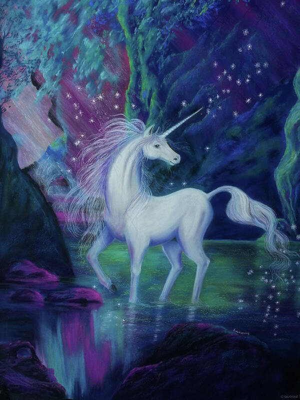 Unicorn Fantasy Purple Blue Green Aqua Turquoise Fuchsia Sparkly Sparkles Horse Pony Horn Beautiful Magic Magical Mystical Mystic Scotland Poster featuring the painting The Sentinel by Brenda Salamone