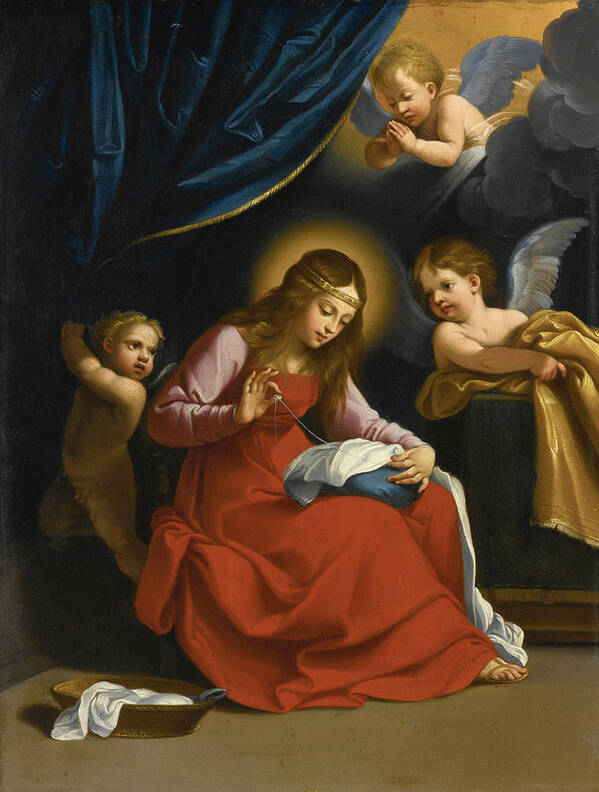 Studio Of Guido Reni Poster featuring the painting The Virgin sewing by Studio of Guido Reni