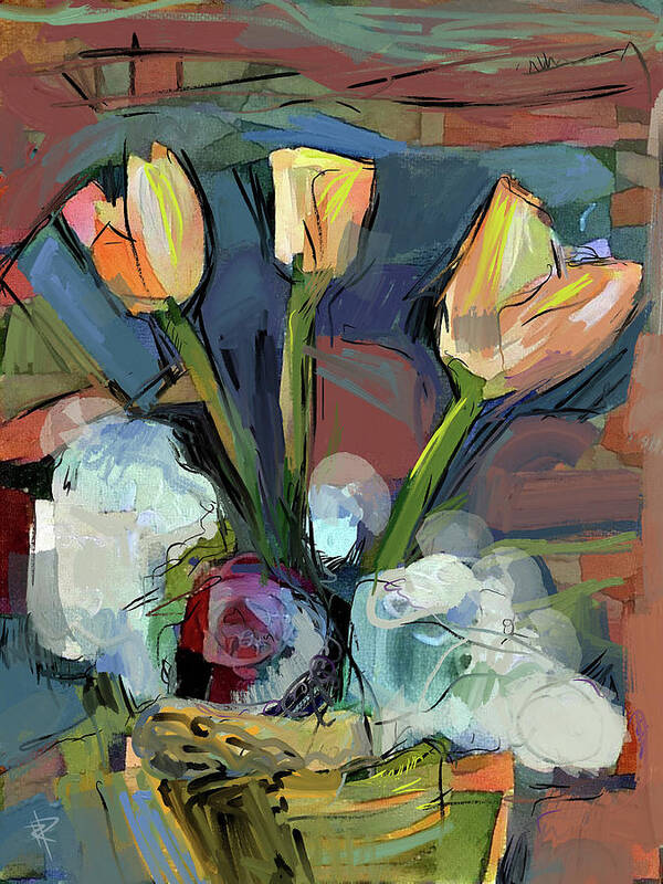 Floral Arrangement Poster featuring the mixed media Three Tulips by Russell Pierce
