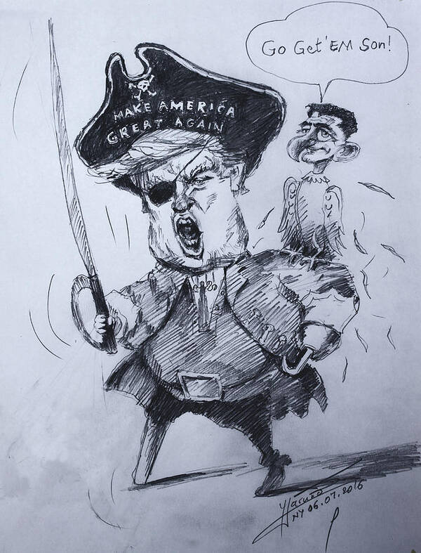 Trump Poster featuring the drawing Trump, short fingers Pirate with Ryan, the Bird by Ylli Haruni