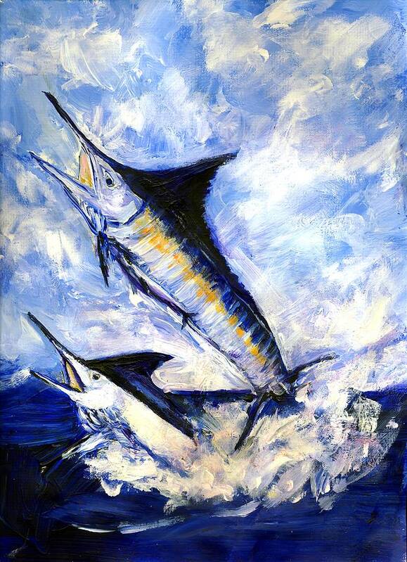 Fish Poster featuring the painting Two Marlin a Blue and a Striper by Randy Sprout