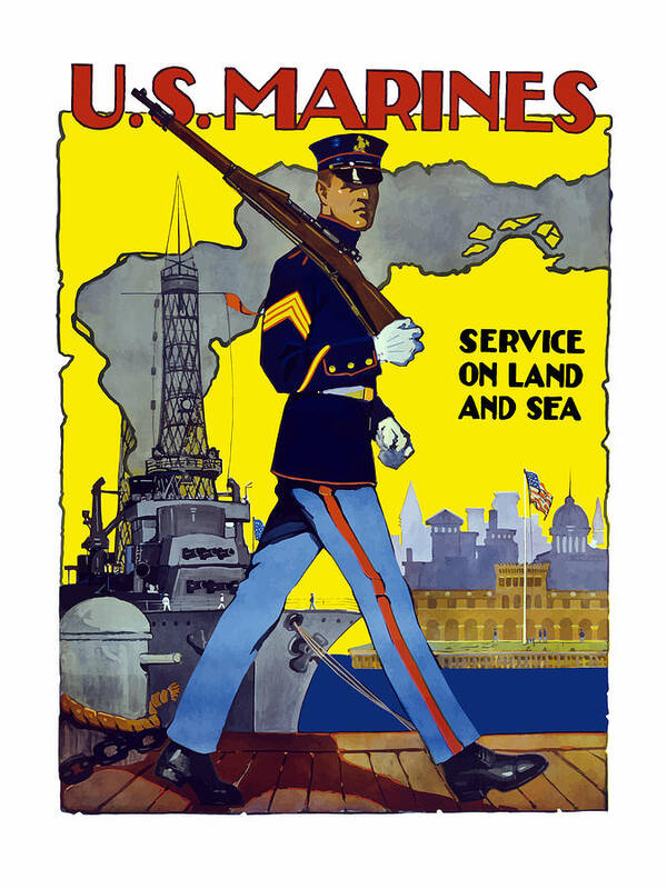 Marines Poster featuring the painting U.S. Marines - Service On Land And Sea by War Is Hell Store