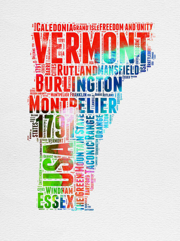 Vermont Poster featuring the digital art Vermont Watercolor Word Cloud by Naxart Studio