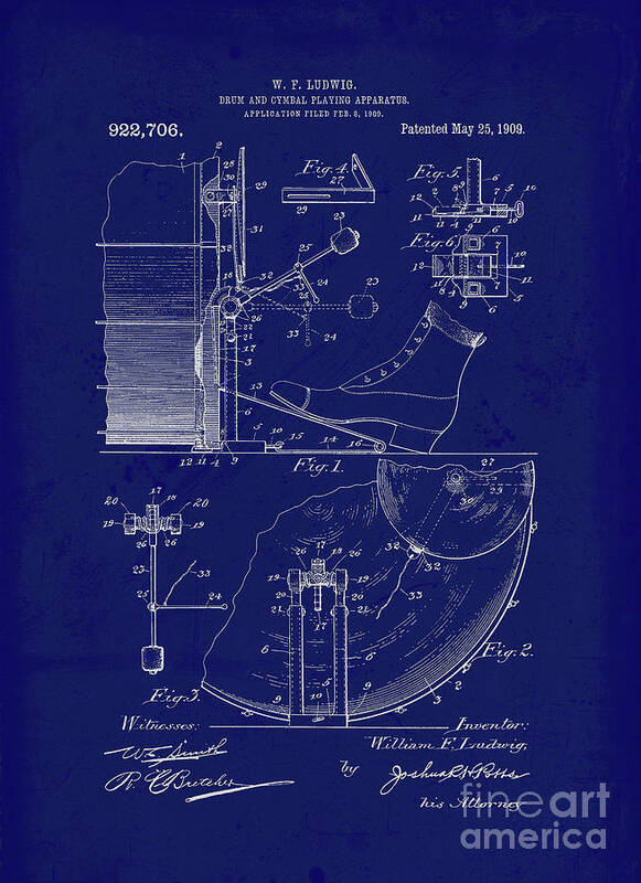 Drums Poster featuring the drawing Vintage blueprint, Drum and Cymbal playing apparatus by Tina Lavoie