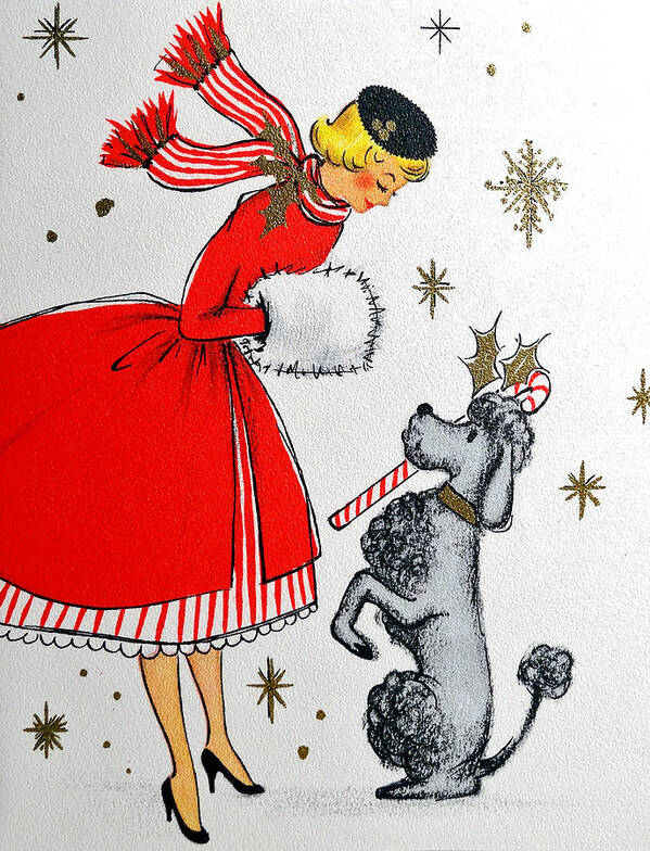 Vintage Holiday Postcard Poster featuring the painting Vintage holiday postcard, woman with her dog by Long Shot
