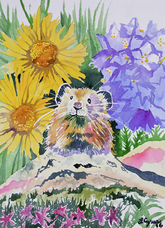 Pika Poster featuring the painting Watercolor - Pika with Wildflowers by Cascade Colors