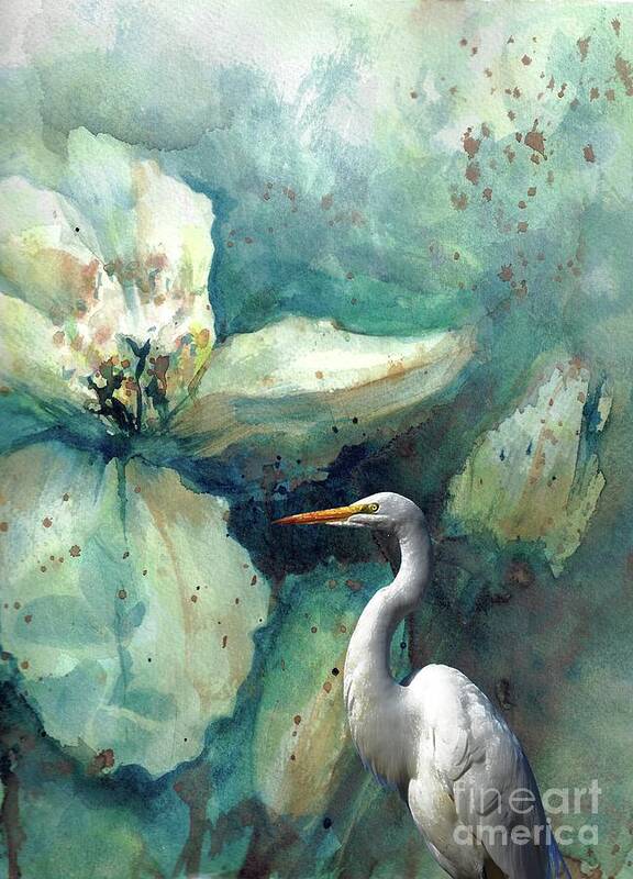 #creativemother Poster featuring the painting White Heron on Teal Bloom by Francelle Theriot