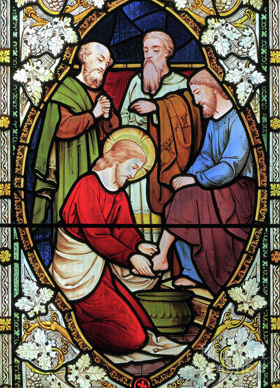 Stained Glass Poster featuring the glass art Window depicting Jesus washing the feet of his Disciples by English School