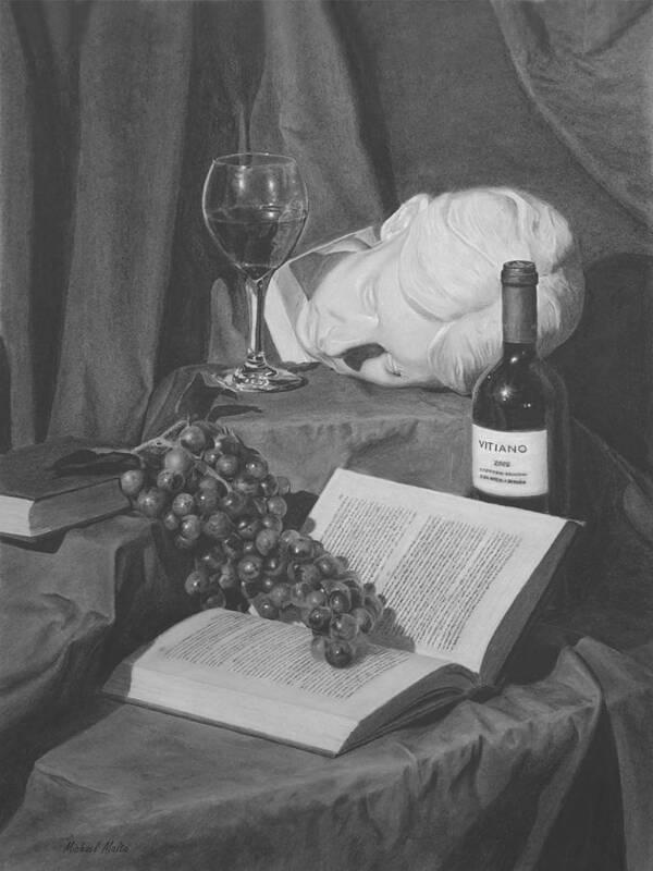 Grapes Poster featuring the drawing Wine and a Book by Michael Malta