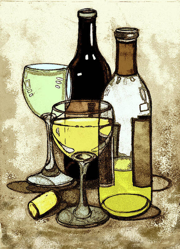 Wine Bottles Poster featuring the painting Wine Bottles and Glasses by Peggy Wilson