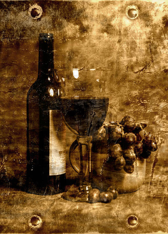 Metal Poster featuring the photograph Wine Glass Grapes And Jug In Portrait Format And A Painting On M by John Paul Cullen
