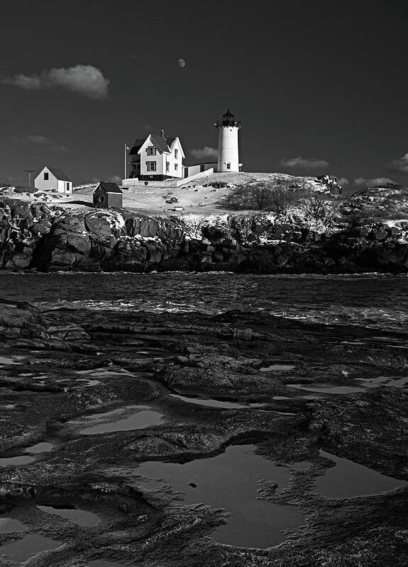 Vacationland Poster featuring the photograph Winter At Nubble Lighthouse BW by David Smith