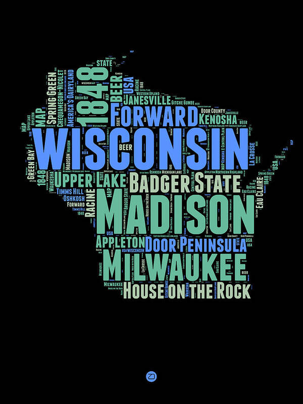 Wisconsin Poster featuring the digital art Wisconsin Word Cloud Map 1 by Naxart Studio