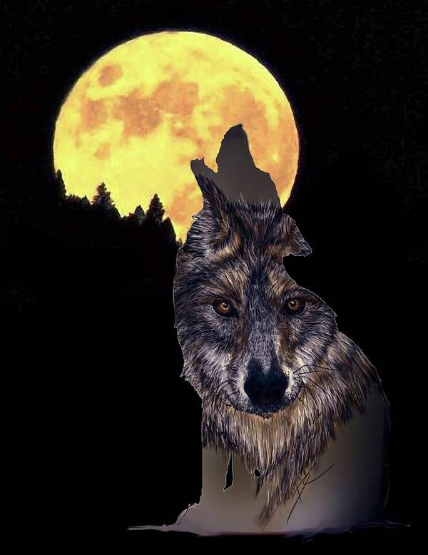 Wolf Poster featuring the digital art Wolf howling at the moon by Darren Cannell