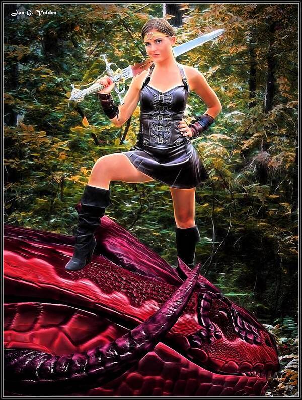 Xena Poster featuring the painting Xena Meets Dragon by Jon Volden