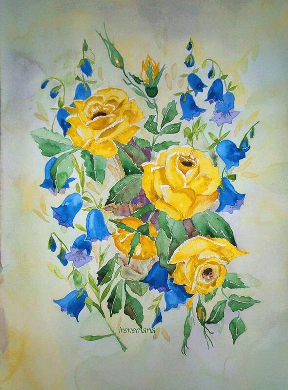 Roses Flowers Poster featuring the painting Yellow Roses and Blue Bells by Irenemaria