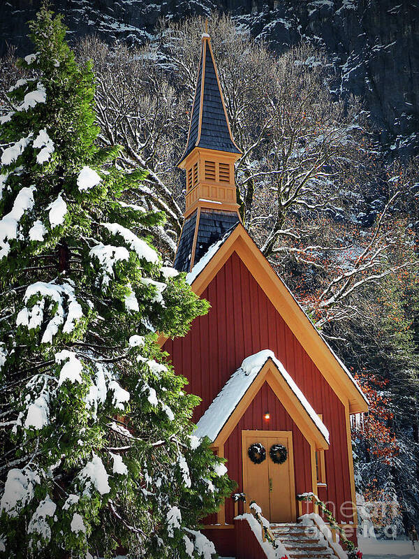 National Poster featuring the photograph Yosemite Chapel at Christmas visit www.AngeliniPhoto.com for more by Mary Angelini