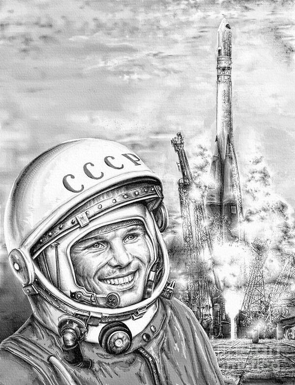 Yuri Gagarin Poster featuring the digital art Yuri Gagarin - Cosmonaut 1961 by Ian Gledhill