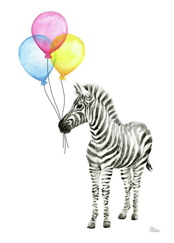 Zebra Poster featuring the painting Zebra Watercolor with Balloons by Olga Shvartsur