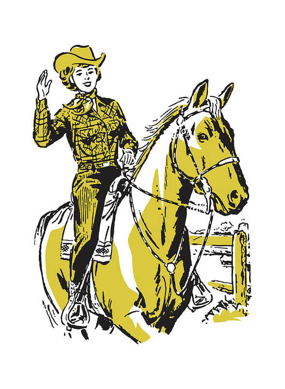 Accessories Poster featuring the drawing Cowgirl on Horseback #1 by CSA Images