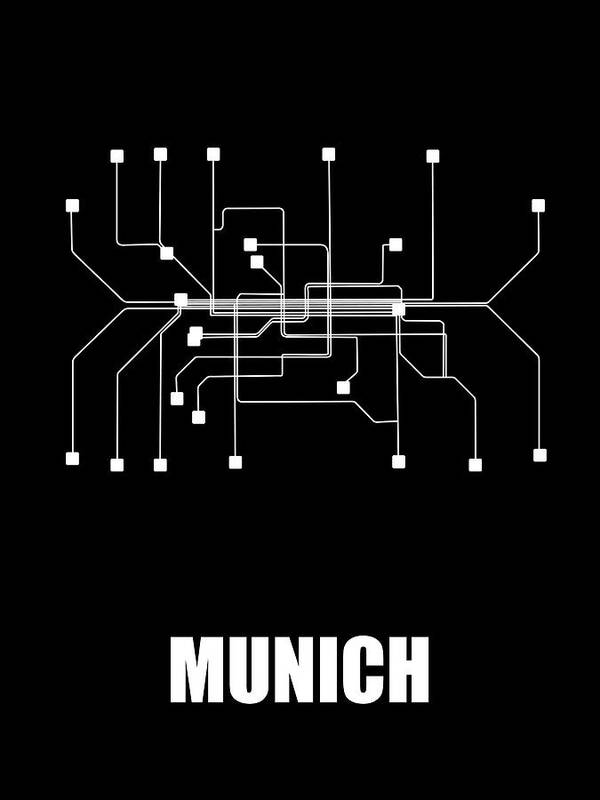 Minimalist And Tasteful City Subway Map Art. Beautiful And Clean Designs Offer A Few Color Variations To Fit Your Environment. Elegant Subway Maps Designed Based On The Real Maps Poster featuring the digital art Munich Black Subway Map #1 by Naxart Studio