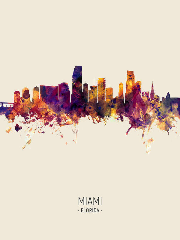 Miami Poster featuring the digital art Miami Florida Skyline #11 by Michael Tompsett