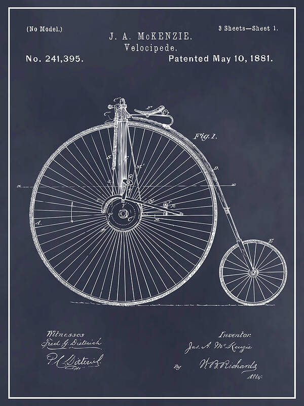 1881 J. A. Mckenzie Velocipede Bicycle Patent Print Poster featuring the drawing 1881 J. A. McKenzie Velocipede Bicycle Blackboard Patent Print by Greg Edwards