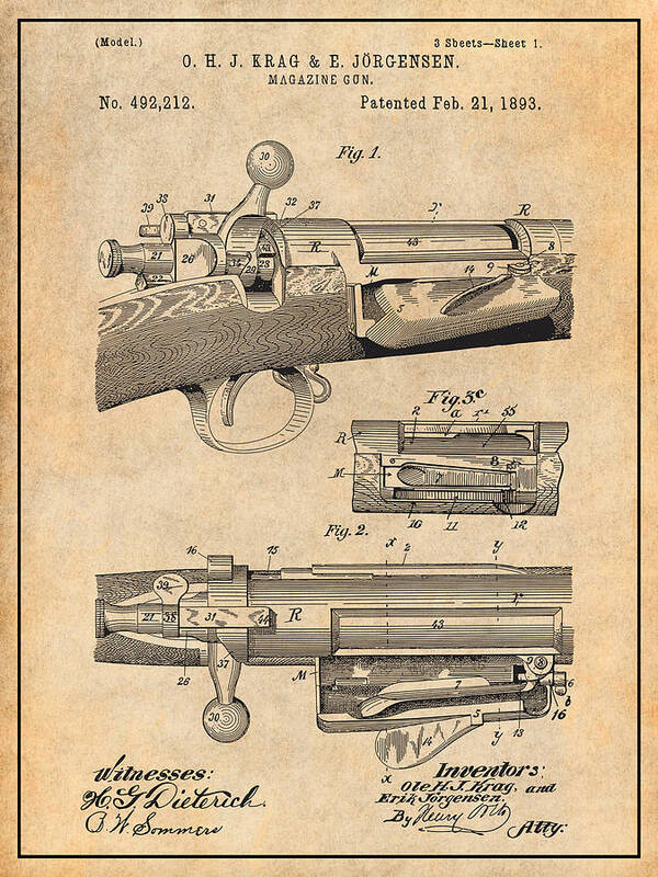 Springfield Poster featuring the drawing 1892 Springfield Model Krag Jorgensen Rifle Patent Print Antique Paper by Greg Edwards