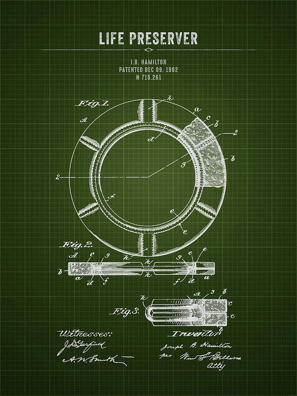 Lifebuoy Poster featuring the digital art 1902 Life Preserver - Dark Green Blueprint by Aged Pixel