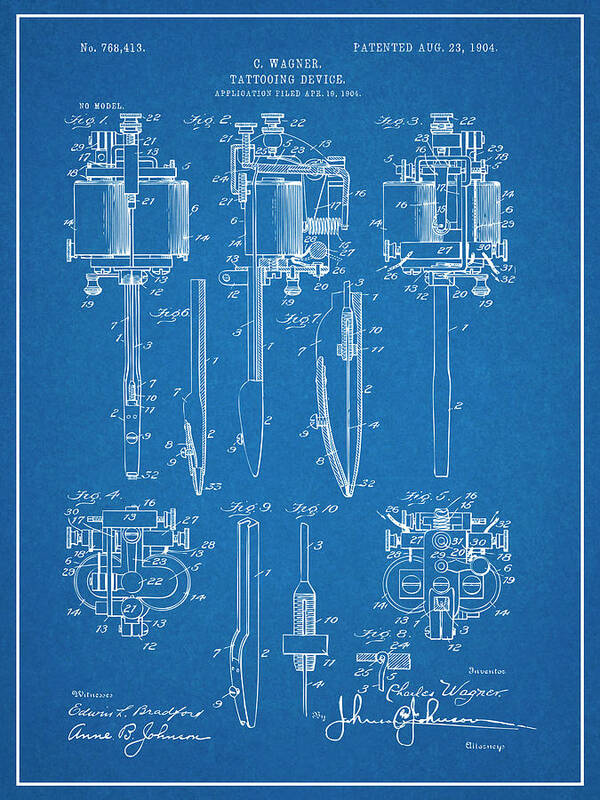 1904 Wagner Tattoo Machine Patent Print Poster featuring the drawing 1904 Wagner Tattoo Machine Blueprint Patent Print by Greg Edwards