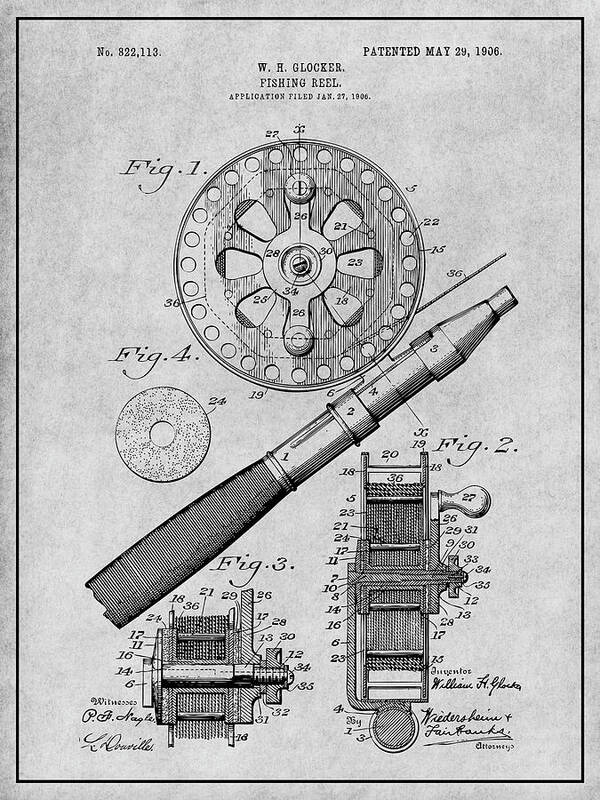 1906 Fly Fishing Reel Patent Print Poster featuring the drawing 1906 Fly Fishing Reel Gray Patent Print by Greg Edwards