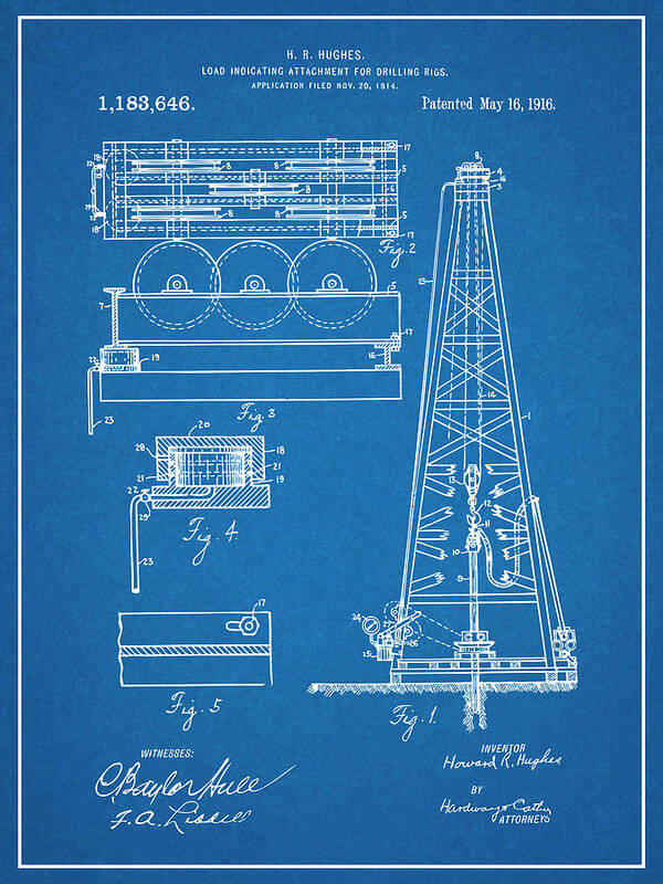 Howard Hughes Poster featuring the drawing 1916 Howard Hughes Oil Drilling Rig Attachment Patent Print Blueprint by Greg Edwards